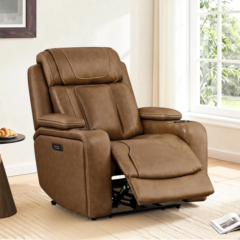 Genuine Leather Triple Motor Power Recliner with Power Headrest and power lumbar, Saddle Top Grain Leather