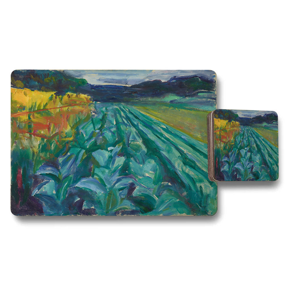 Landscape Placemat and Coaster Set With Green Fields