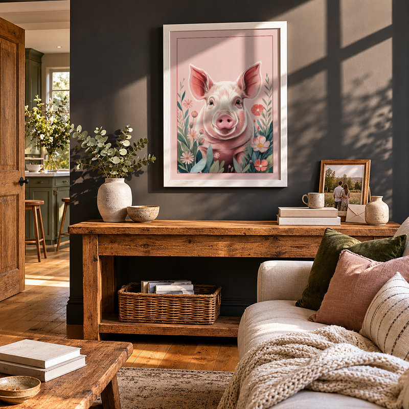 Botanical Pig Portrait Boho 1 Piece Single Picture Frame Wall Art, A3 - 42.0 x 29.7 cm, White