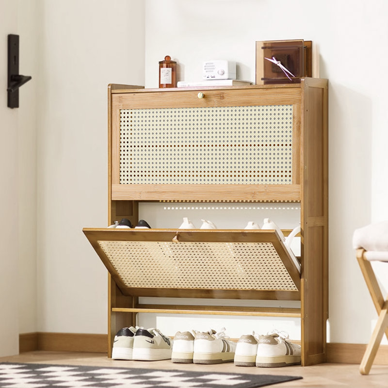 4-Tier Shoe Cabinet For Entryway, Rattan Shoes Storage Cabinet Narrow Organizer With 2 Flip Drawers, Tan