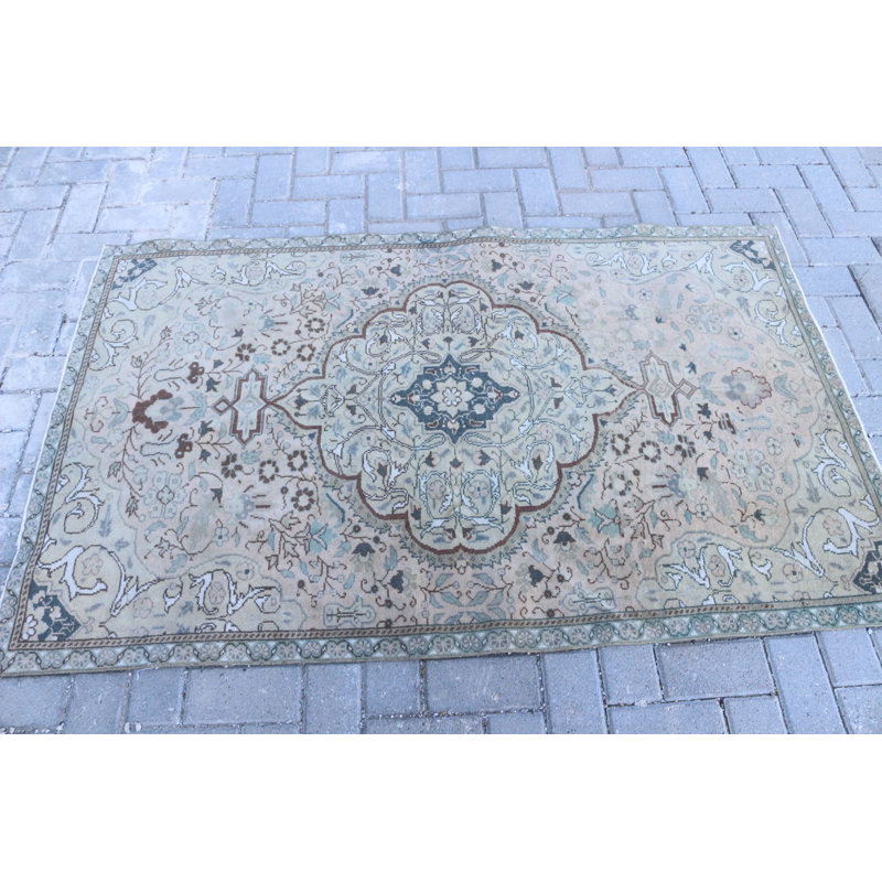 Tapis turc authentique en laine avec motif tribal vert antique pour la chambre à coucher
