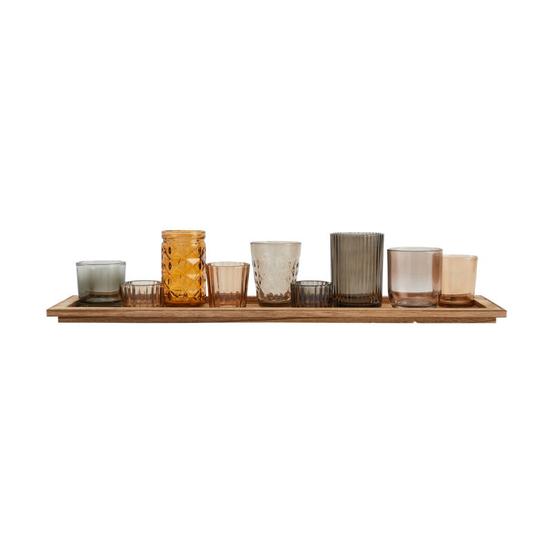 Devers Round Glass Votive Holders on Wood Tray, Set of 9, Brown/Tan