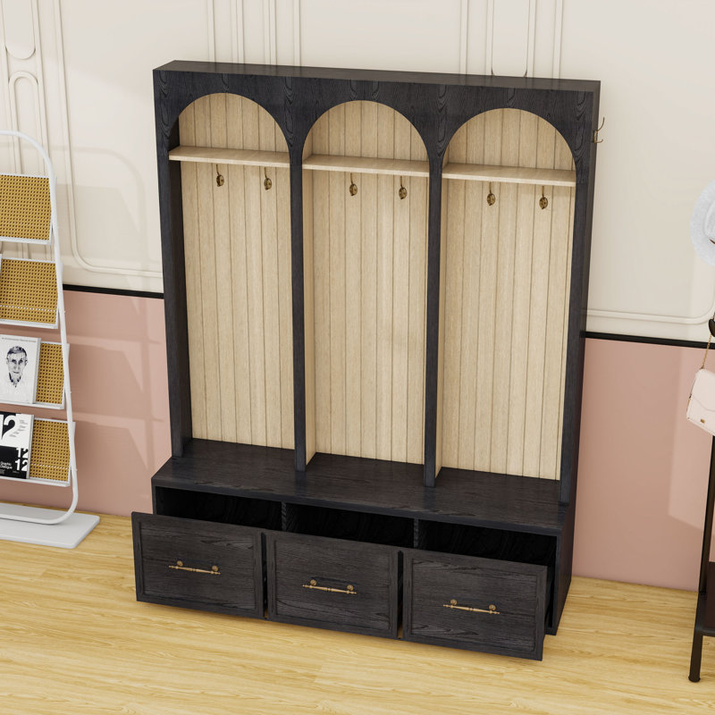 Hall Tree with 3 Drawers, 8 Hooks, Shelves and Bench, Black