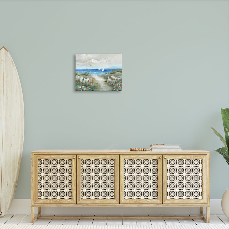 Tranquil Beachside Flower Meadow Ocean Sail Sailers par Nan - peinture sur toile à cadre flottant, Toile tendue