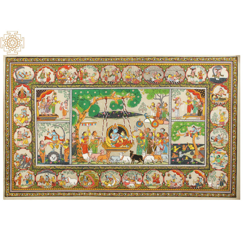 Radha Krishna sur une balançoire | Peinture de Patta sur soie de tussar