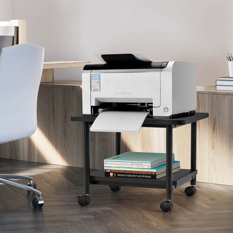 Black 2-Tier Rolling Under Desk Printer Cart with Storage Shelves