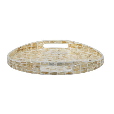 Plateau décoratif en bois rond D16x2 "avec poignées découpées et motif floral Capiz doré