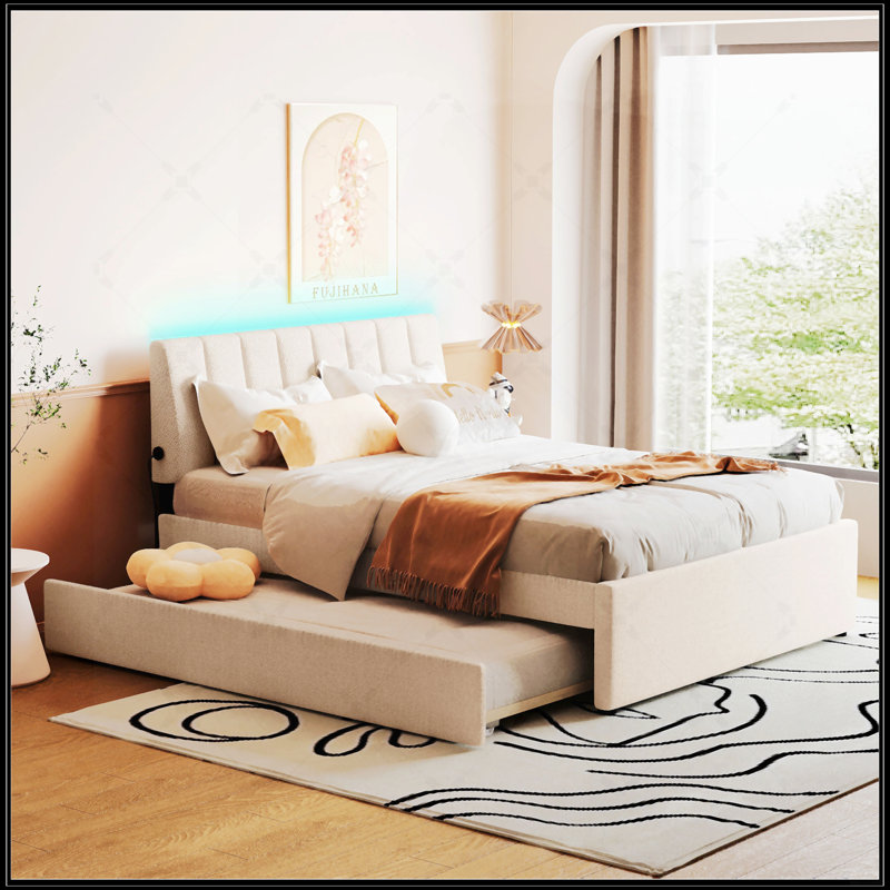 Lit plateforme tapissier Teddy, Beige, Lit double