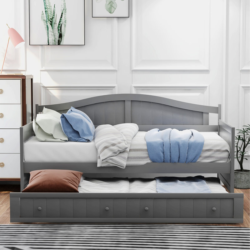 Lit moderne, lit de jour en bois avec lit gigogne, cadre de lit pour la chambre à coucher, Grey