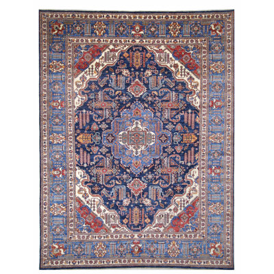 Hand Knotted Wool Area Rug in Navy And Blue