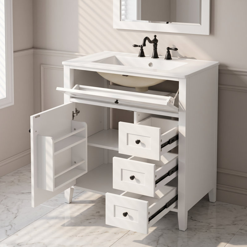 Meuble-lavabo simple autoportant blanc de 30 po avec lavabo et rangement en céramique, White
