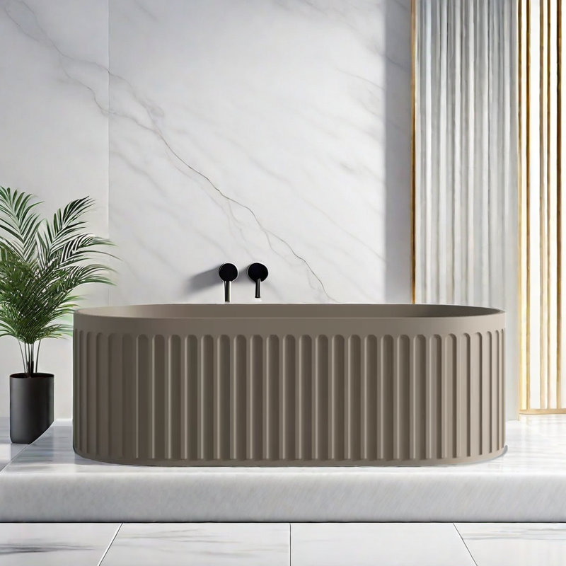 Simple Oval Artificial Stone Bathtub 67'' W 21.6'' H Tub & Shower Kit, Brown