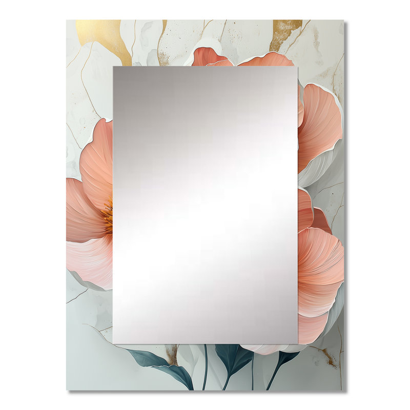 White And Coral Marble Peonies Elegance III - Peonies Large Mirror, Traditional Unique Wall Mirror Decor, Printed Metal Art