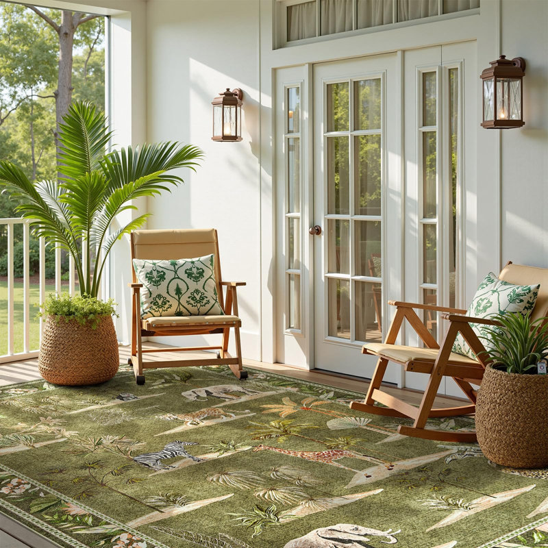 Animals Print Washable Ultra-Thin Non-Slip Area Rug, Rectangle 8' x 10', Jungle Green