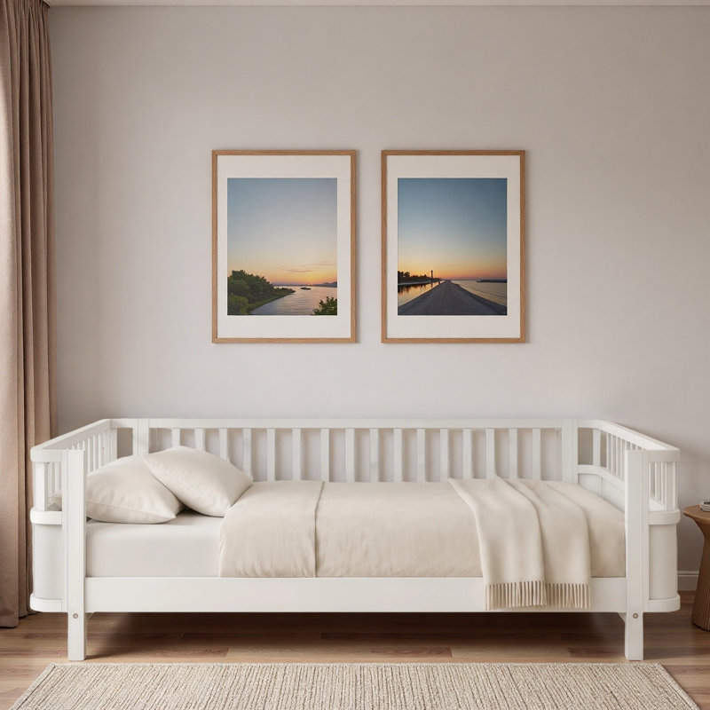 Lit pour enfant à profil bas avec coin arrondi lisse et support en lattes de bois, Lit double, Blanc
