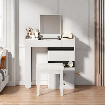 Bureau de coiffeuse 3 en 1 avec miroir rabattable, éclairage à DEL, tiroirs, compartiments de rangement du milieu et tablette à 3 couches