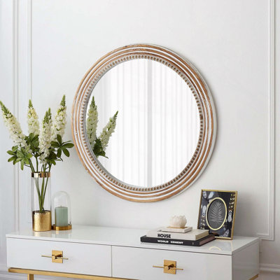 Miroir mural rustique rond, miroir circulaire en bois 35,43 pouces avec perles, miroir décoratif de ferme pour salon, chambre à coucher, cuisine, entrée
