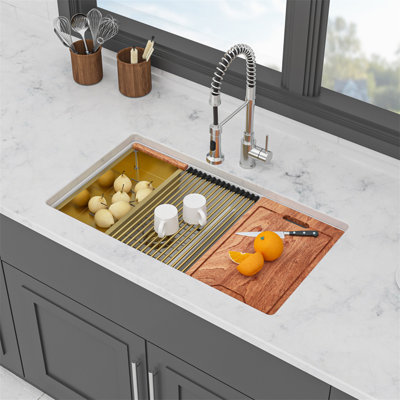 Évier de cuisine en quartz - Évier de cuisine encastré en granite blanc 33 po x 19 po x 9,65 po à double cuve (50/50)