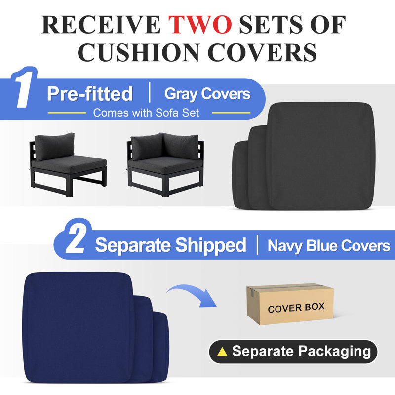 Anevaeh 8-Person Outdoor Patio All-Aluminum Sectional Conversation Set with Fire Pit Table and Cushions, Navy