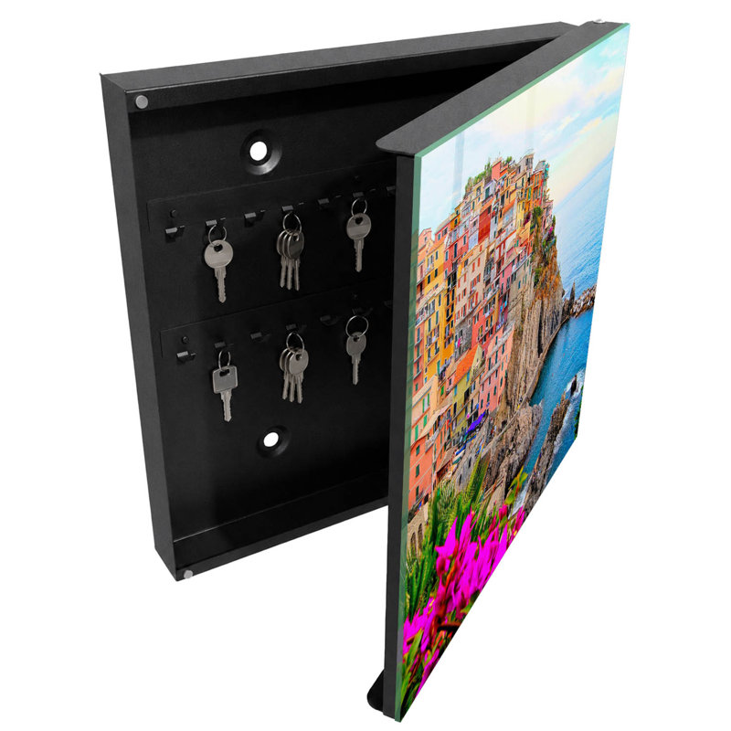 Key cabinet for home, Opens to the right, 30x30x5, Black, Colorful houses on a rock by the sea, 