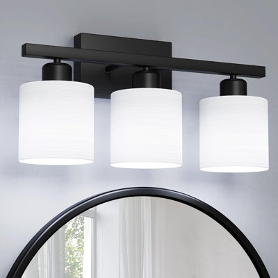 Luminaires de salle de bain, luminaires pour salle de bain au-dessus d'un miroir, lumières de meuble-lavabo classiques intérieures, éclairage de meuble-lavabo moderne avec abat-jour en verre blanc texturé, noir mat, 3 lumières