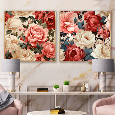 Motif floral rétro rose II - ensemble de 2 collages floraux carrés