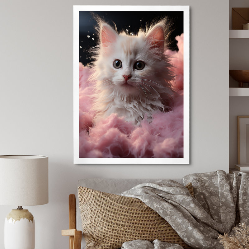 " Bathroom Cuddly Kitten Bath ", White Picture Framed, 32" H x 16" W x 1" D