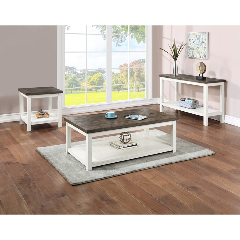 Table de salon en bois 3 pièces avec tablette de rangement ouverte, extrémité carrée rectangulaire blanche et brune