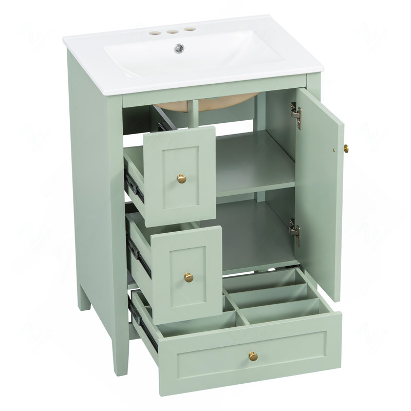 Meuble-lavabo de 24 po avec rangement, tablette réglable, panneau de fibres à densité moyenne et bois d'hévéa, cloisons amovibles, finition verte