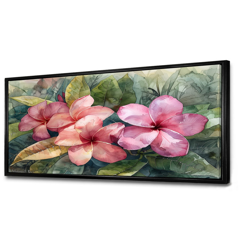 Plumeria rose, rêve tropical III - art mural Plumeria, Toile avec cadre flottant noir, H 28 po x l 60 po x P 1,5 po