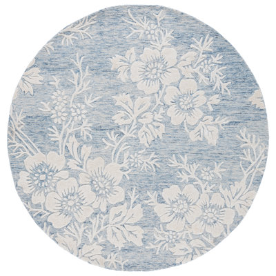 Tapis floral en laine / coton / viscose touffeté à la main Glamour 151 bleu / ivoire