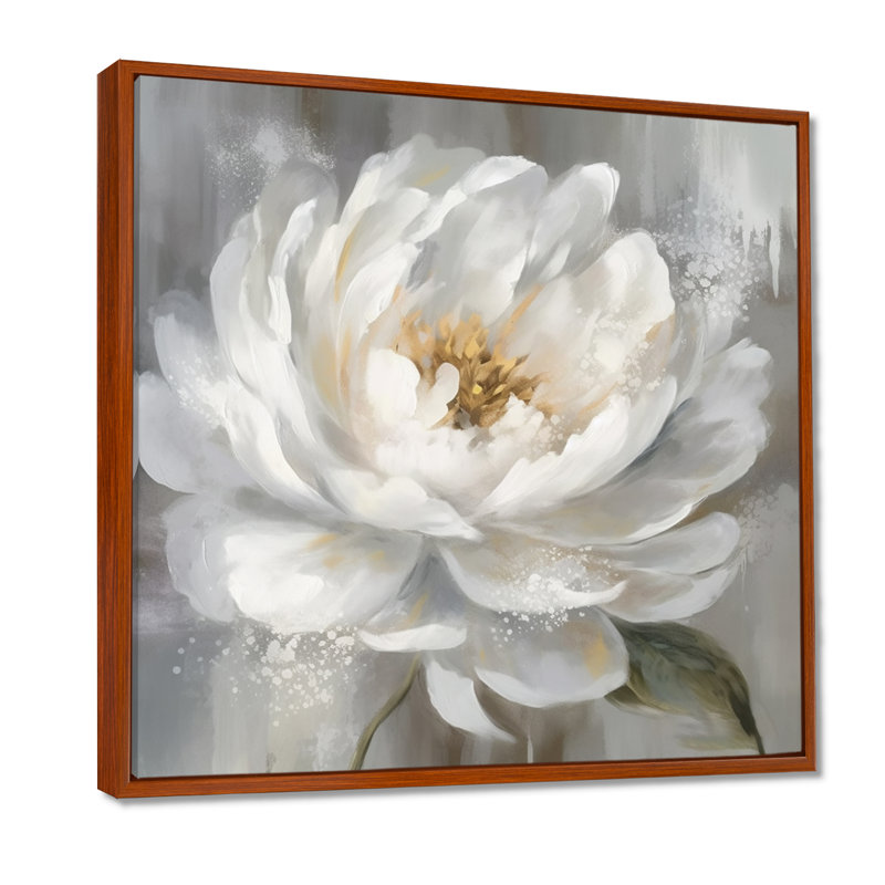 Art de pivoines blanches et grises - art sur toile de pivoines, H 36 po x l 36 po x P 1,5 po, Cadre flottant brun