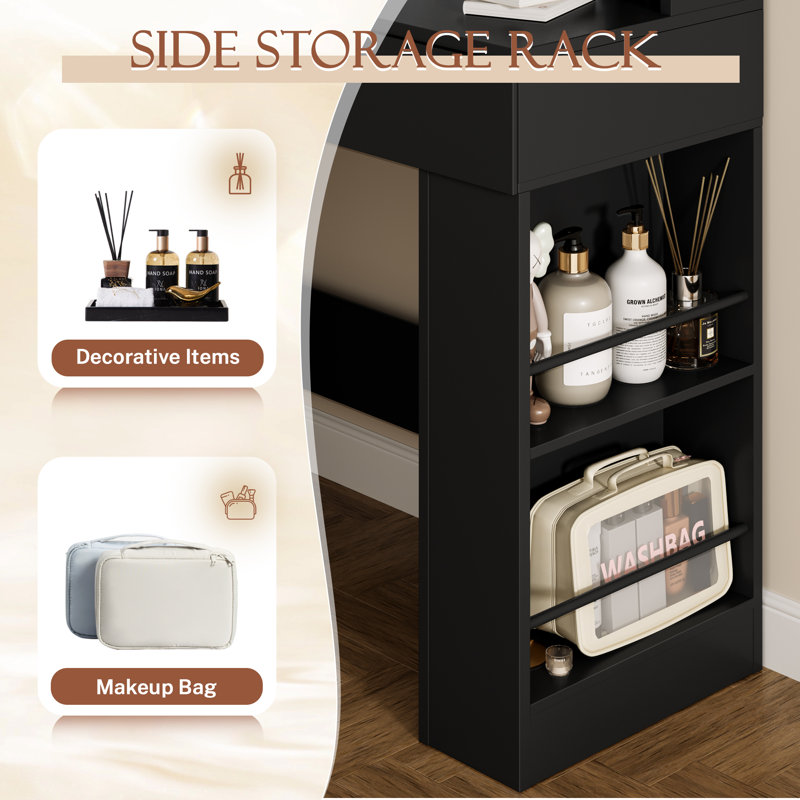 Vanity Desk with Mirror and LED Lights, Makeup Vanity Table with 3 Lighting Color, Adjustable Brightness, Vanity Table with 2 Drawers, Side Storage, for Bedroom