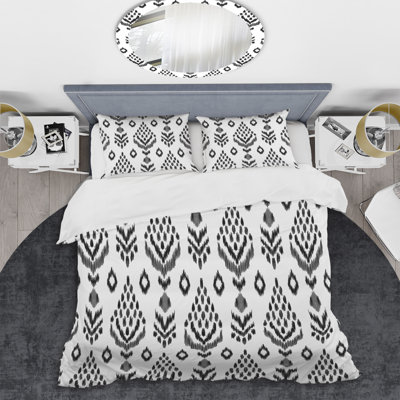 Motif ikat blanc et gris - ensemble de housse de couette abstrait - microfibre de polyester