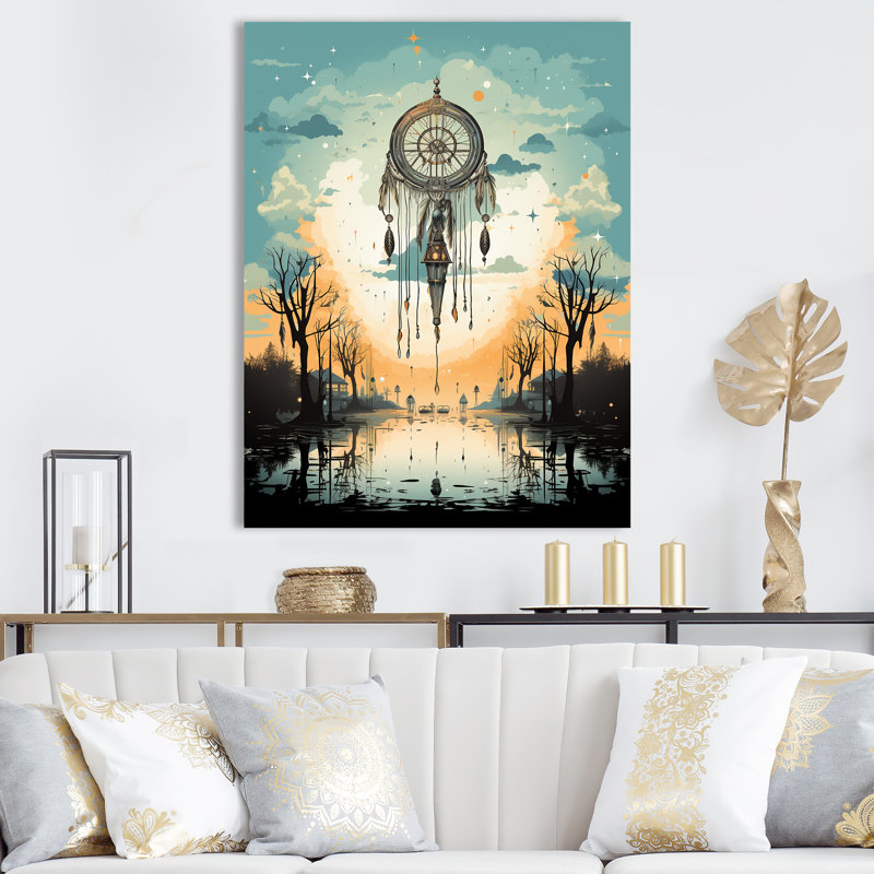 Attrape-rêves vert et orange - capteur de rêves, art mural, Toile tendue, H 32 po x l 16 po