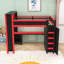 Grand lit mezzanine en bois avec bureau, garde-robe, ports USB et tablettes de rangement