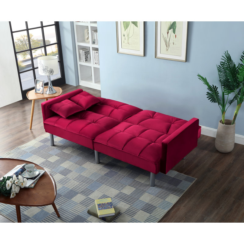 Hemphill 75.5'' Velvet Square Arm Sofa Bed, Red Velvet