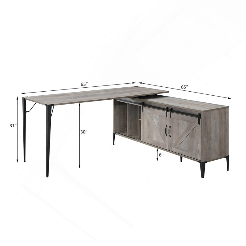 L-Shape Writing Desk With Cabinet, Gray Oak And Black, Gray