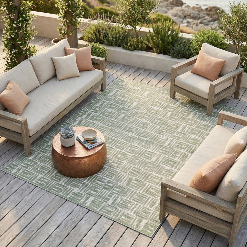 Turkish Unfaded Plaid Indoor Outdoor High-Low Pile Area Rug in Green/Cream for Patios, Deck, Porch Or Entryway, Green