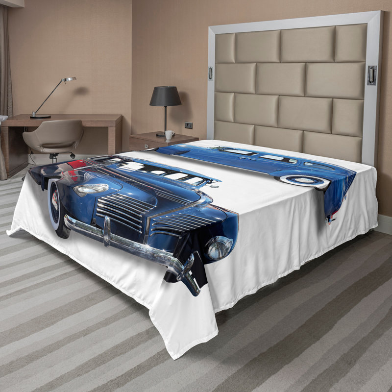 «Ambesonne», drap de dessus de voiture rétro, impression de voiture rétro, bleu et rouge, Drap plat de taille double