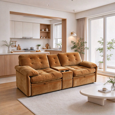 83.86" Cloud Modular Sectional Sofa, Oversized Upholstered Couch with Centre Console, Cup Holders & Pull-out Ottoman, Deep Seat Fluffy Fabric Sofa for Living Room