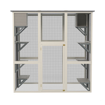 Gray Wooden Outdoor Catio Cat Enclosure With Weatherproof Asphalt Roof, Large Walk-In Cat House With 6 Platforms & 2 Napping Boxes, Solid Wood Cat Cage  Kennel Condo Playpen For Patio