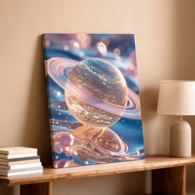 Pastel Ringed Planet Space Fantasy Celestial Cosmic Canvas Wall Art Print, Decorative Contemporary Decorative Art Artwork for Living Room Bedroom Office Hallway Apartment Gallery Wall Home Decor
