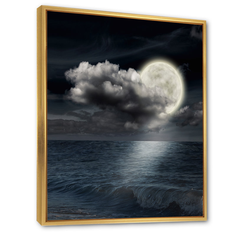 Pleine lune dans le ciel nocturne nuageux VI - photographie sur toile, H 32 po x l 16 po x P 1 po, Cadre flottant doré