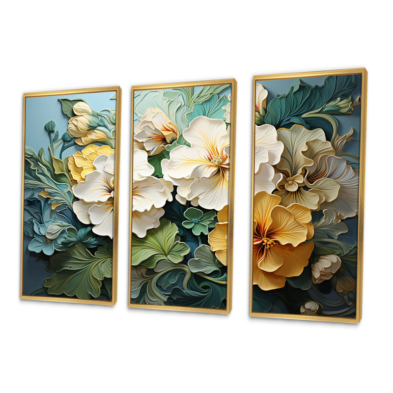 Ensemble de décoration murale beige et jaune Pensies Realistic Garden Splendor, Cadre flottant doré
