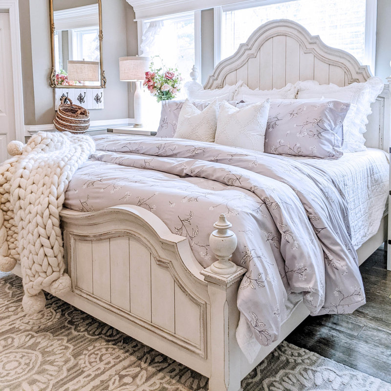 Southshore Fine Linens Myosotis Scorpiodes Duvet Cover Set in Grey, 100% Cotton 300 Thread Count Sateen Bedding with Floral Print, 1 Duvet Cover and 2 Pillow Shams, Full / Queen