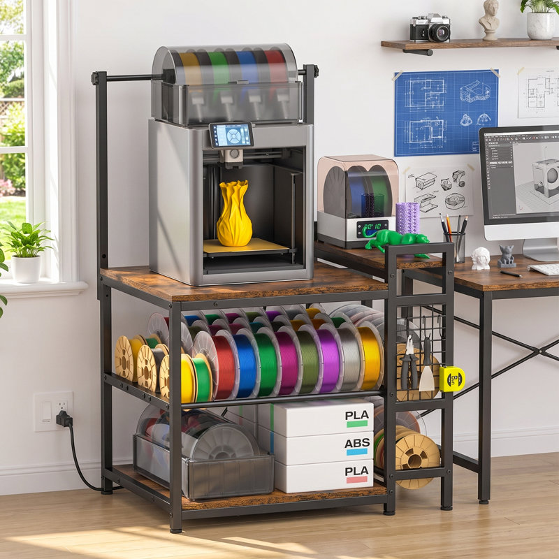 Compact 3D Printer Stand with Overhead Spool Holder and Power Strip
