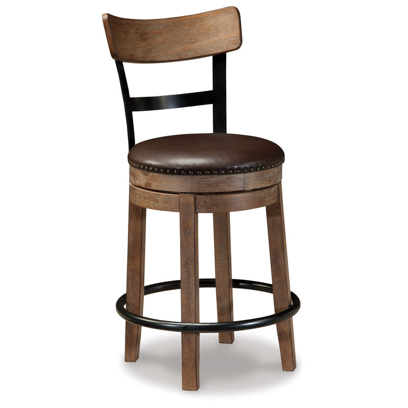 Tabouret pivotant en pin, similicuir brun, Tabouret de comptoir (siège d'une hauteur de 24,2