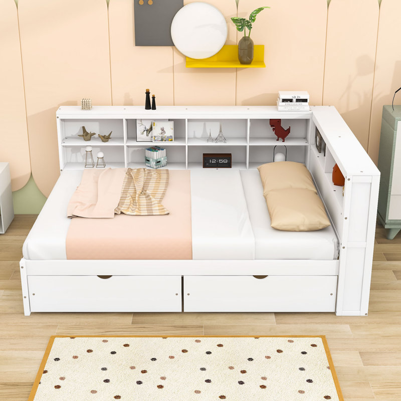 Lit de jour en bois Broadview avec 2 tiroirs et rangement et USB, Blanc
