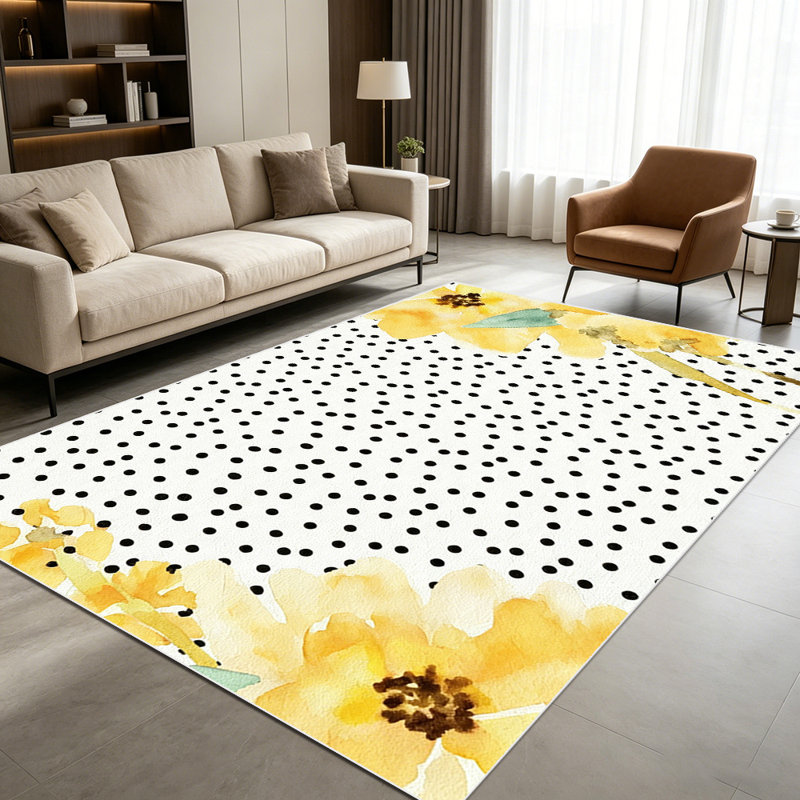 1PC Black Polka Dot Watercolor Yellow Sunflower area rugs for Living Room, Soft, All seasons, Easy-maintain, Washable Indoor mat, Farmhouse suitable for Dining Room, Bedroom, Kitchen, Entryway, Home Office, Patio, Porch, Home Decor, Outdoor Decor.
